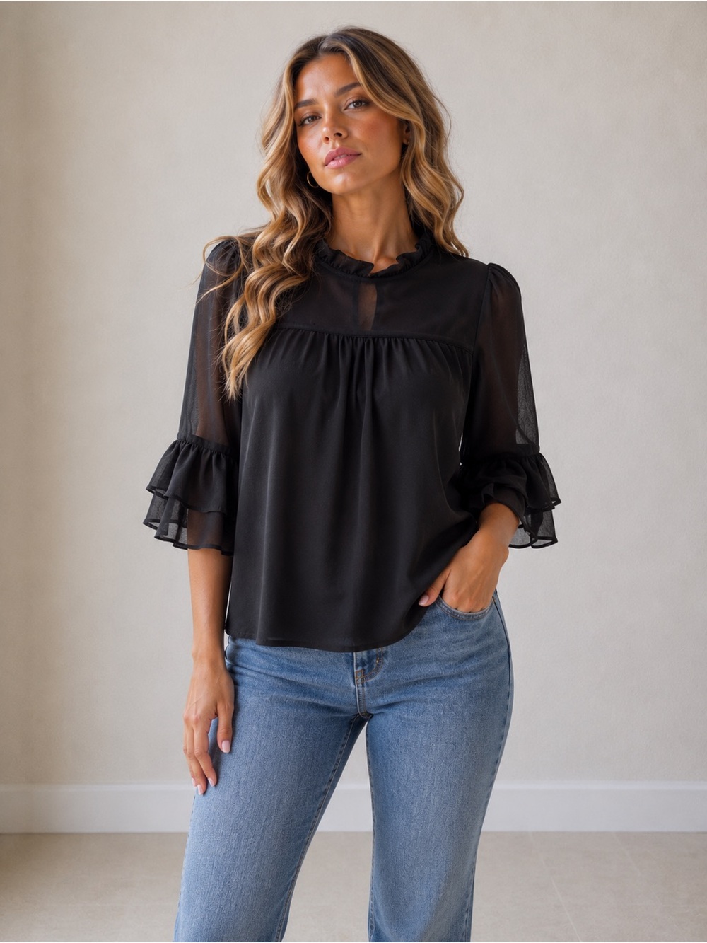 Monteau Black Sheer Ruffle-Sleeve Blouse